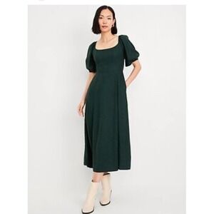 OLD NAVY XXL Fit & Flare Crepe Seamed Waist Smocked Midi Dress Green Puff Sleeve